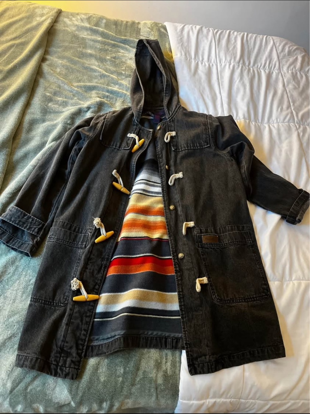 Denim&Co Black Hooded Toggle Field Coat with Striped Liner